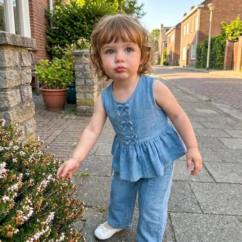 Toddler Girl Summer Outfits Sleeveless Bow Front Ruffle Vest Tank Tops Long Pants Baby Denim Clothes in Kuwait