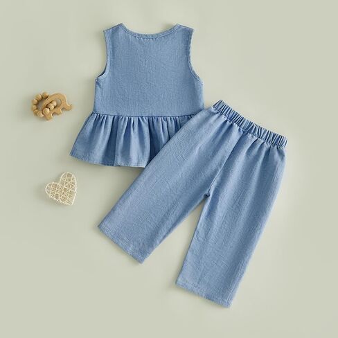Toddler Girl Summer Outfits Sleeveless Bow Front Ruffle Vest Tank Tops Long Pants Baby Denim Clothes in Kuwait