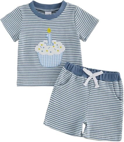 GOOCHEER Baby Boy Girl First Birthday Outfit 1 Cake Waffle Knit Short Sleeve T-Shirt Top+ Shorts Set One Year Old Clothes in Kuwait