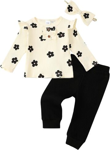 Mioglrie Baby Toddler Girl Clothes Infant Fall Winter Outfits Floral 2 Pcs | 6 9 12 18 24 Months, 2T 3T, Long Sleeve, Ruffle Sweatshirt, Sweatpants, Cute Bow Headband, Soft Fabric, Casual Daily Wear in Kuwait