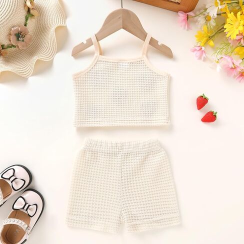 YOUNGER TREE Toddler Baby Girl Summer Clothes Sleeveless Waffle Knit Tank Top 2-piece Set Cute Outfits 6M-4T in Kuwait
