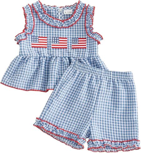 Amnnchya Toddler Baby Girl 4th Of July Outfit USA Plaid Fly Sleeve Tops Stars Shorts Memorial Day Set Fourth Of July Clothes in Kuwait