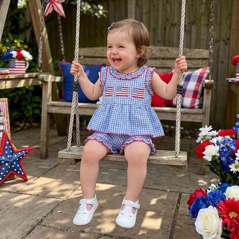 Amnnchya Toddler Baby Girl 4th Of July Outfit USA Plaid Fly Sleeve Tops Stars Shorts Memorial Day Set Fourth Of July Clothes in Kuwait