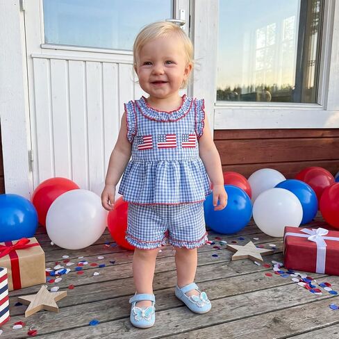 Amnnchya Toddler Baby Girl 4th Of July Outfit USA Plaid Fly Sleeve Tops Stars Shorts Memorial Day Set Fourth Of July Clothes in Kuwait