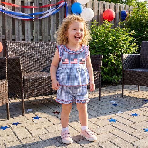 Amnnchya Toddler Baby Girl 4th Of July Outfit USA Plaid Fly Sleeve Tops Stars Shorts Memorial Day Set Fourth Of July Clothes in Kuwait