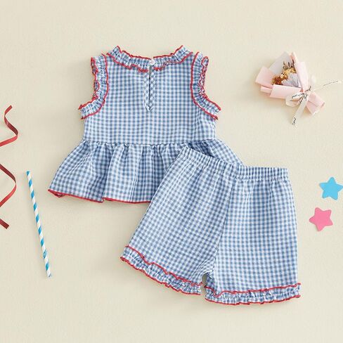 Amnnchya Toddler Baby Girl 4th Of July Outfit USA Plaid Fly Sleeve Tops Stars Shorts Memorial Day Set Fourth Of July Clothes in Kuwait
