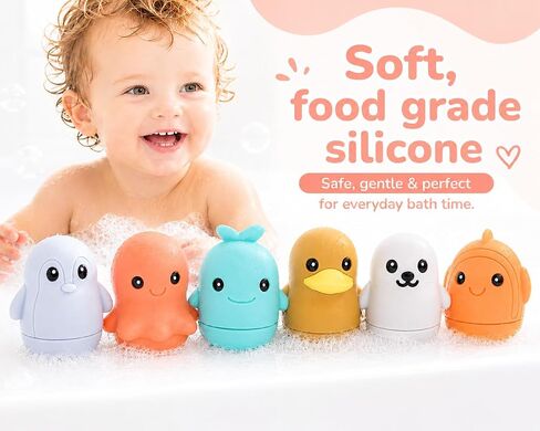 Silicone Bath Toys, Baby Bath Toys for Toddlers 1-3, Pack of 6 | Opens to Clean Inside | Food-Grade Silicone | Top Rack Dishwasher Safe | BPA & PVC Free | Bath, Beach, Water Table in Kuwait