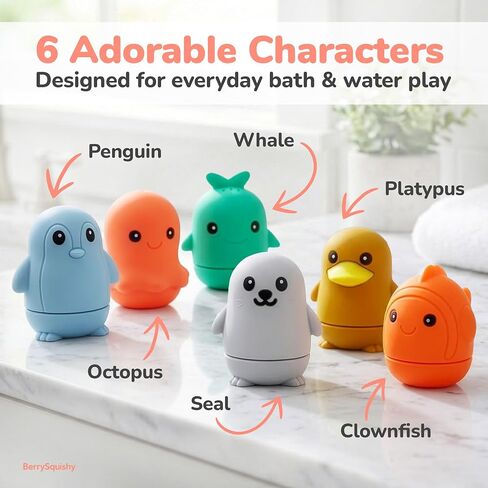 Silicone Bath Toys, Baby Bath Toys for Toddlers 1-3, Pack of 6 | Opens to Clean Inside | Food-Grade Silicone | Top Rack Dishwasher Safe | BPA & PVC Free | Bath, Beach, Water Table in Kuwait