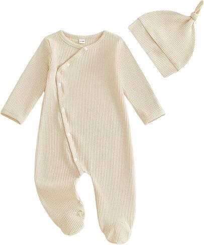 Kuriozud Newborn Baby Boy Going Home Outfit Kimono Romper with Mitten Cuffs | Kimono Footed Romper Jumpsuit with Mitten Cuffs Beanie Hat, Snap Closure, for Hospital, Coming Home, Shower Gift, Photoshoot in Kuwait