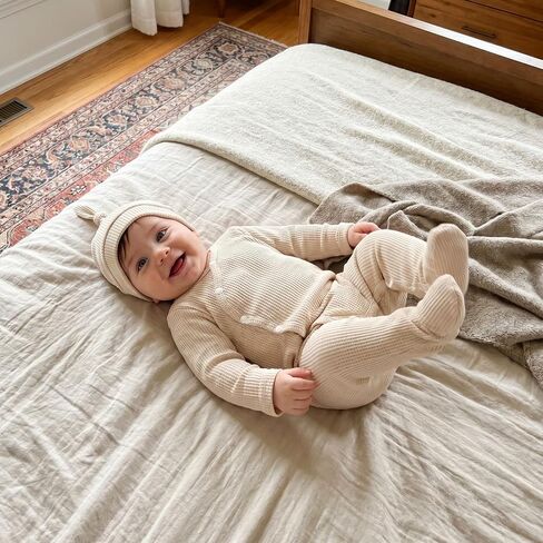 Kuriozud Newborn Baby Boy Going Home Outfit Kimono Romper with Mitten Cuffs | Kimono Footed Romper Jumpsuit with Mitten Cuffs Beanie Hat, Snap Closure, for Hospital, Coming Home, Shower Gift, Photoshoot in Kuwait