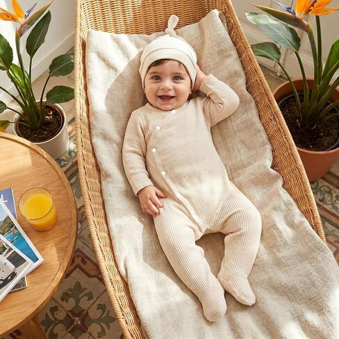 Kuriozud Newborn Baby Boy Going Home Outfit Kimono Romper with Mitten Cuffs | Kimono Footed Romper Jumpsuit with Mitten Cuffs Beanie Hat, Snap Closure, for Hospital, Coming Home, Shower Gift, Photoshoot in Kuwait