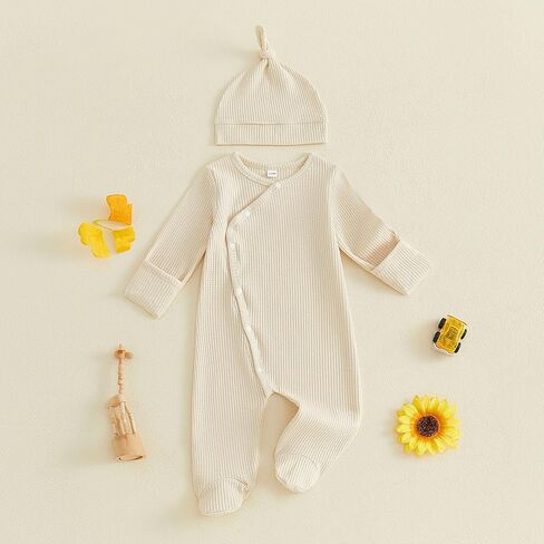 Kuriozud Newborn Baby Boy Going Home Outfit Kimono Romper with Mitten Cuffs | Kimono Footed Romper Jumpsuit with Mitten Cuffs Beanie Hat, Snap Closure, for Hospital, Coming Home, Shower Gift, Photoshoot in Kuwait