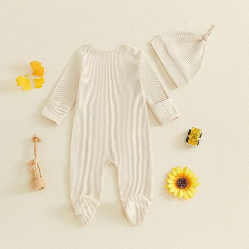 Kuriozud Newborn Baby Boy Going Home Outfit Kimono Romper with Mitten Cuffs | Kimono Footed Romper Jumpsuit with Mitten Cuffs Beanie Hat, Snap Closure, for Hospital, Coming Home, Shower Gift, Photoshoot in Kuwait
