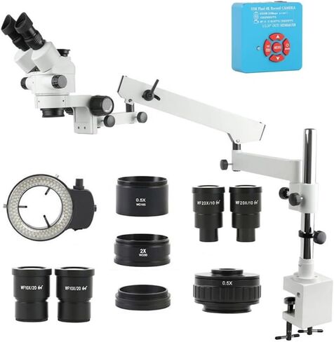 Microscope Kit 3.5X-180X Simul Focal Trinocular Microscope 55MP 4K 1080P HDMI USB Camera Articulating Arm Pillar Clamp Microscope Lens Adapters in Kuwait