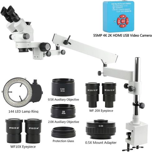 Microscope Kit 3.5X-180X Simul Focal Trinocular Microscope 55MP 4K 1080P HDMI USB Camera Articulating Arm Pillar Clamp Microscope Lens Adapters in Kuwait