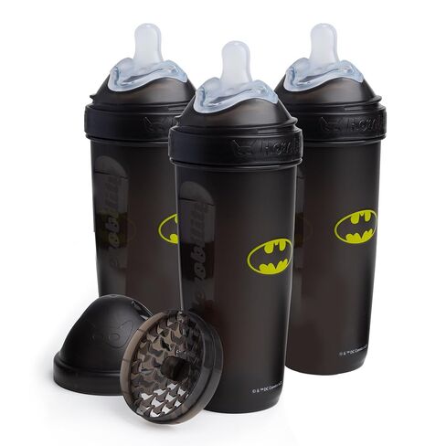 Herobility Anti-Colic Baby Bottles 12 fl oz/340ml - Pack of 3 Plastic Baby Bottles, Fast Flow Plastic Bottles, Breast-Shaped Teat for Breastfed Babies, Small Baby Bottles, Swedish Design, Batman in Kuwait