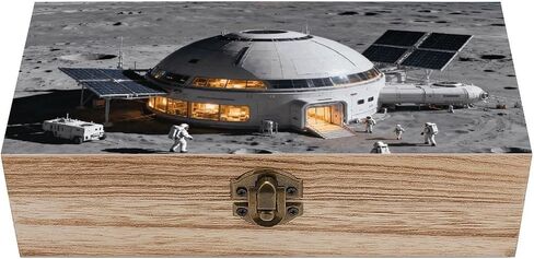 Moon Base Surface Wooden Storage Box with Hinged Lid for Photo | Wood Keepsake Box, Dustproof Storage Box, Decorative Treasure Chest, Memory Box for Crafts Coins Stamps Letters Jewelry in Kuwait
