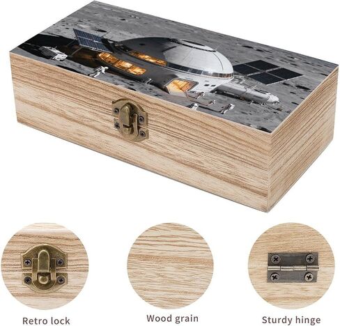 Moon Base Surface Wooden Storage Box with Hinged Lid for Photo | Wood Keepsake Box, Dustproof Storage Box, Decorative Treasure Chest, Memory Box for Crafts Coins Stamps Letters Jewelry in Kuwait