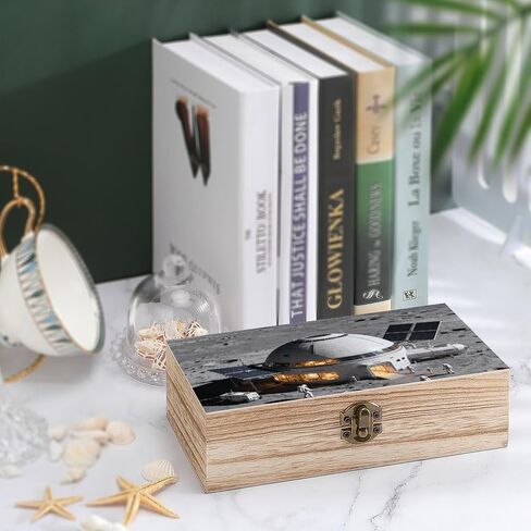 Moon Base Surface Wooden Storage Box with Hinged Lid for Photo | Wood Keepsake Box, Dustproof Storage Box, Decorative Treasure Chest, Memory Box for Crafts Coins Stamps Letters Jewelry in Kuwait