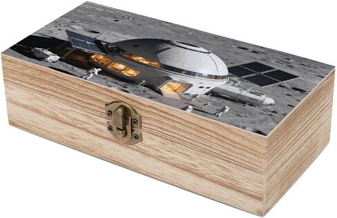 Moon Base Surface Wooden Storage Box with Hinged Lid for Photo | Wood Keepsake Box, Dustproof Storage Box, Decorative Treasure Chest, Memory Box for Crafts Coins Stamps Letters Jewelry in Kuwait