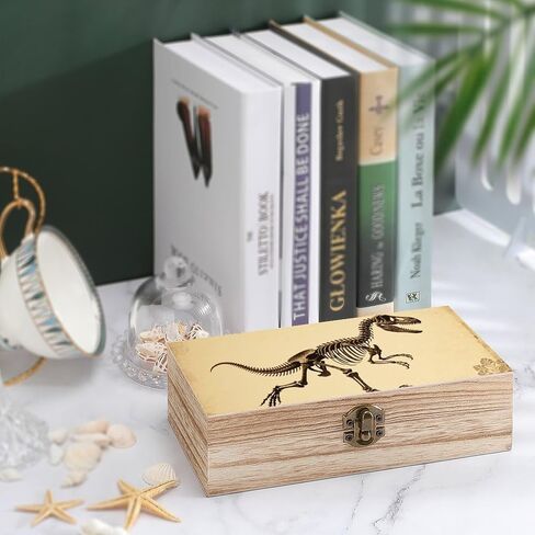 Dinosaur Skeleton Print Wooden Storage Box with Hinged Lid for Photo | Wood Keepsake Box, Dustproof Storage Box, Decorative Treasure Chest, Memory Box for Crafts Coins Stamps Letters Jewelry in Kuwait