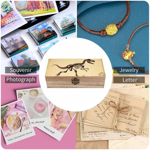 Dinosaur Skeleton Print Wooden Storage Box with Hinged Lid for Photo | Wood Keepsake Box, Dustproof Storage Box, Decorative Treasure Chest, Memory Box for Crafts Coins Stamps Letters Jewelry in Kuwait
