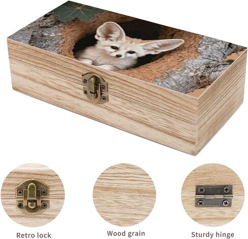 Fennec Pup Baobab Wooden Storage Box with Hinged Lid for Photo | Wood Keepsake Box, Dustproof Storage Box, Decorative Treasure Chest, Memory Box for Crafts Coins Stamps Letters Jewelry in Kuwait