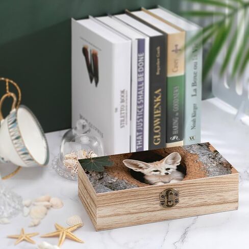 Fennec Pup Baobab Wooden Storage Box with Hinged Lid for Photo | Wood Keepsake Box, Dustproof Storage Box, Decorative Treasure Chest, Memory Box for Crafts Coins Stamps Letters Jewelry in Kuwait