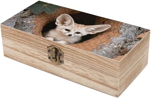 Fennec Pup Baobab Wooden Storage Box with Hinged Lid for Photo | Wood Keepsake Box, Dustproof Storage Box, Decorative Treasure Chest, Memory Box for Crafts Coins Stamps Letters Jewelry in Kuwait