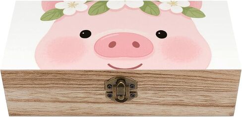 Pig Wearing Wreath Wooden Storage Box with Hinged Lid for Photo | Wood Keepsake Box, Dustproof Storage Box, Decorative Treasure Chest, Memory Box for Crafts Coins Stamps Letters Jewelry in Kuwait
