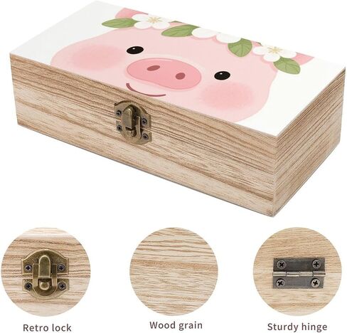 Pig Wearing Wreath Wooden Storage Box with Hinged Lid for Photo | Wood Keepsake Box, Dustproof Storage Box, Decorative Treasure Chest, Memory Box for Crafts Coins Stamps Letters Jewelry in Kuwait