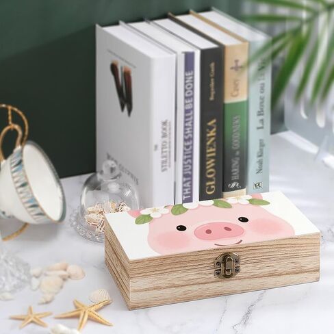 Pig Wearing Wreath Wooden Storage Box with Hinged Lid for Photo | Wood Keepsake Box, Dustproof Storage Box, Decorative Treasure Chest, Memory Box for Crafts Coins Stamps Letters Jewelry in Kuwait