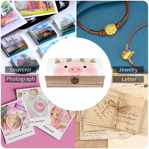 Pig Wearing Wreath Wooden Storage Box with Hinged Lid for Photo | Wood Keepsake Box, Dustproof Storage Box, Decorative Treasure Chest, Memory Box for Crafts Coins Stamps Letters Jewelry in Kuwait