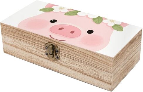 Pig Wearing Wreath Wooden Storage Box with Hinged Lid for Photo | Wood Keepsake Box, Dustproof Storage Box, Decorative Treasure Chest, Memory Box for Crafts Coins Stamps Letters Jewelry in Kuwait