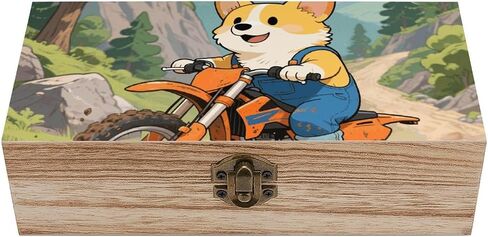 Dog Riding Motorcycles Wooden Storage Box with Hinged Lid for Photo | Wood Keepsake Box, Dustproof Storage Box, Decorative Treasure Chest, Memory Box for Crafts Coins Stamps Letters Jewelry in Kuwait