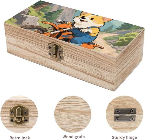 Dog Riding Motorcycles Wooden Storage Box with Hinged Lid for Photo | Wood Keepsake Box, Dustproof Storage Box, Decorative Treasure Chest, Memory Box for Crafts Coins Stamps Letters Jewelry in Kuwait