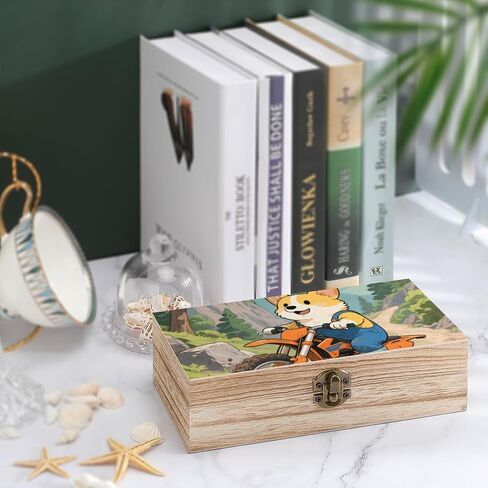 Dog Riding Motorcycles Wooden Storage Box with Hinged Lid for Photo | Wood Keepsake Box, Dustproof Storage Box, Decorative Treasure Chest, Memory Box for Crafts Coins Stamps Letters Jewelry in Kuwait
