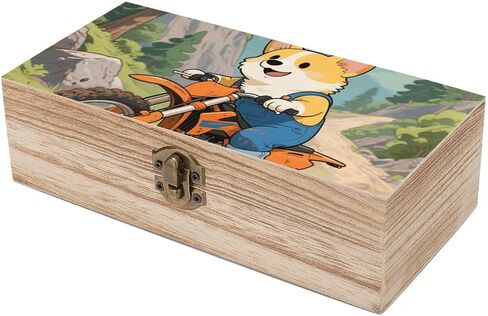 Dog Riding Motorcycles Wooden Storage Box with Hinged Lid for Photo | Wood Keepsake Box, Dustproof Storage Box, Decorative Treasure Chest, Memory Box for Crafts Coins Stamps Letters Jewelry in Kuwait