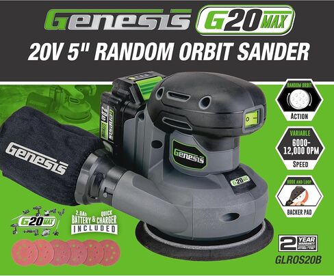 Genesis 20V Cordless 5in. Orbital Sander G20MAX with Dust Bag, 6000 to 12,000 OPM Sandpapers, 2.0Ah Battery, and Quick Charger (GLROS20B) in Kuwait