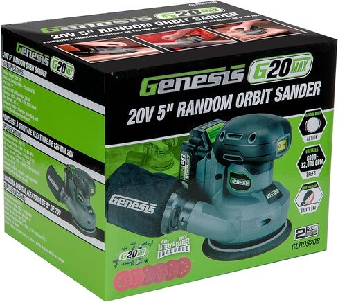 Genesis 20V Cordless 5in. Orbital Sander G20MAX with Dust Bag, 6000 to 12,000 OPM Sandpapers, 2.0Ah Battery, and Quick Charger (GLROS20B) in Kuwait