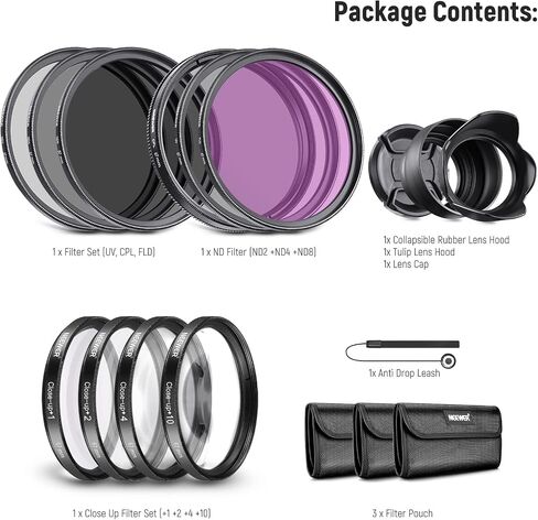 Neewer® 67MM Complete Lens Filter Accessory Kit for Lenses with 67MM Filter Size: UV CPL FLD Filter Set + Macro Close Up Set (+1 +2 +4 +10) + ND Filter Set (ND2 ND4 ND8) + Other in Kuwait