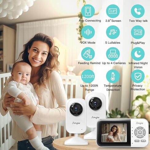 Simyke Upgrade Video Baby Monitor with 2 Cameras and Audio 2.8" Screen,Night Vision,APP,Wireless,2-Way Talk,1200ft Long Range,Feeding Timer,Temperature Sensor,VOX/ECO,5 Lullabies,Portable,Easy Setup in Kuwait