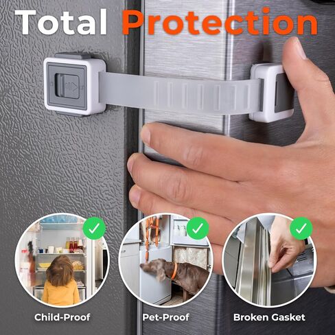 2-Pack Child Proof Fridge Lock with Adhesive - Adjustable Baby Proofing Straps - Refrigerator Lock for Kids - Freezer Latch to Keep Door Closed - for Toddlers, Cats, & Dogs - Universal Compatibility in Kuwait