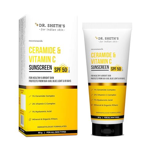 Dr. Sheth's Ceramide & Vitamin C Sunscreen SPF 50+ PA++++ In-Vivo Tested For Healthy & Bright Skin Lightweight & Non Greasy For UVA/UVB & Blue Light & IR Protection No white cast For All Skin Types in Kuwait