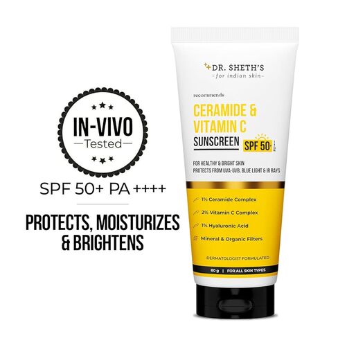 Dr. Sheth's Ceramide & Vitamin C Sunscreen SPF 50+ PA++++ In-Vivo Tested For Healthy & Bright Skin Lightweight & Non Greasy For UVA/UVB & Blue Light & IR Protection No white cast For All Skin Types in Kuwait