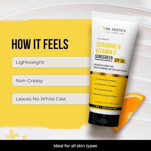 Dr. Sheth's Ceramide & Vitamin C Sunscreen SPF 50+ PA++++ In-Vivo Tested For Healthy & Bright Skin Lightweight & Non Greasy For UVA/UVB & Blue Light & IR Protection No white cast For All Skin Types in Kuwait
