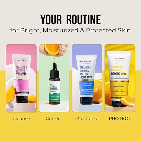 Dr. Sheth's Ceramide & Vitamin C Sunscreen SPF 50+ PA++++ In-Vivo Tested For Healthy & Bright Skin Lightweight & Non Greasy For UVA/UVB & Blue Light & IR Protection No white cast For All Skin Types in Kuwait