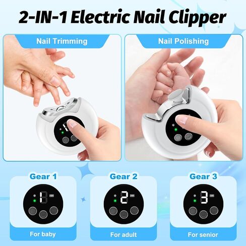 2-in-1 Electric Nail Clipper, Baby Nail Clipper with File & 3 Speed Gears, Baby Nail Trimmer Electric with LED Light & Storage Box, Automatic Nail Clippers for Baby, Adult, Seniors (White) in Kuwait
