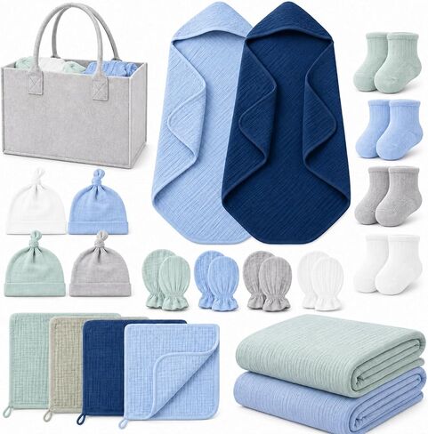 Ramede 21 Pcs Newborn Gift Basket Baby Must have Muslin Towels Swaddle Blanket Baby Bib Mitten Hairband Sock Diaper Caddy in Kuwait