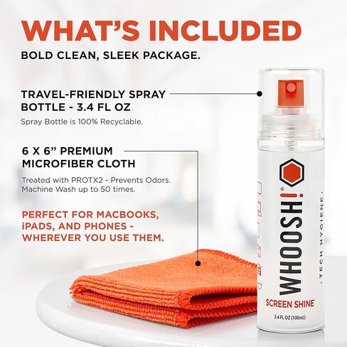 Whoosh Screen Shine Go XL Cleaner Spray and Wipe Kit, 3.4 fl oz | Streak Free Finish, For Car, Computer, MacBook and Eyeglasses, Lens Cleaner Kit, Microfiber Cloth Included in Kuwait